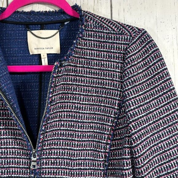Rebecca Taylor Tweed Moto Jacket Navy Pink Zip Front Blazer Size 2 Preppy Office - Picture 3 of 16